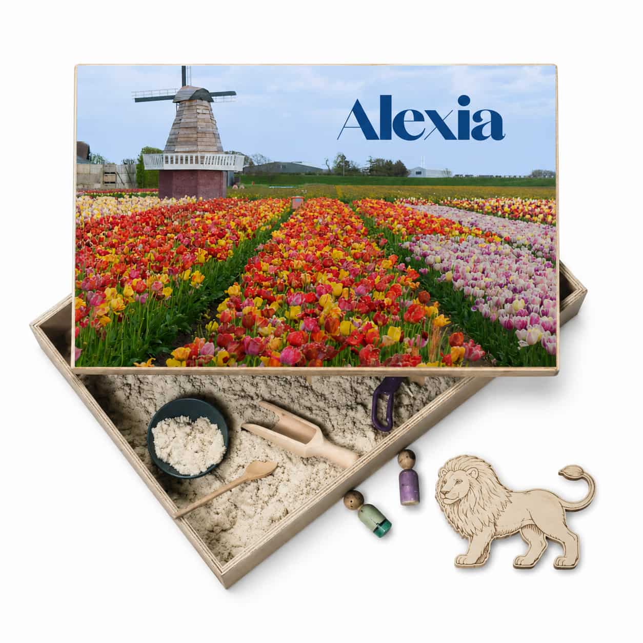 Houten speelbak Holland met naam – tulpenveld en molen