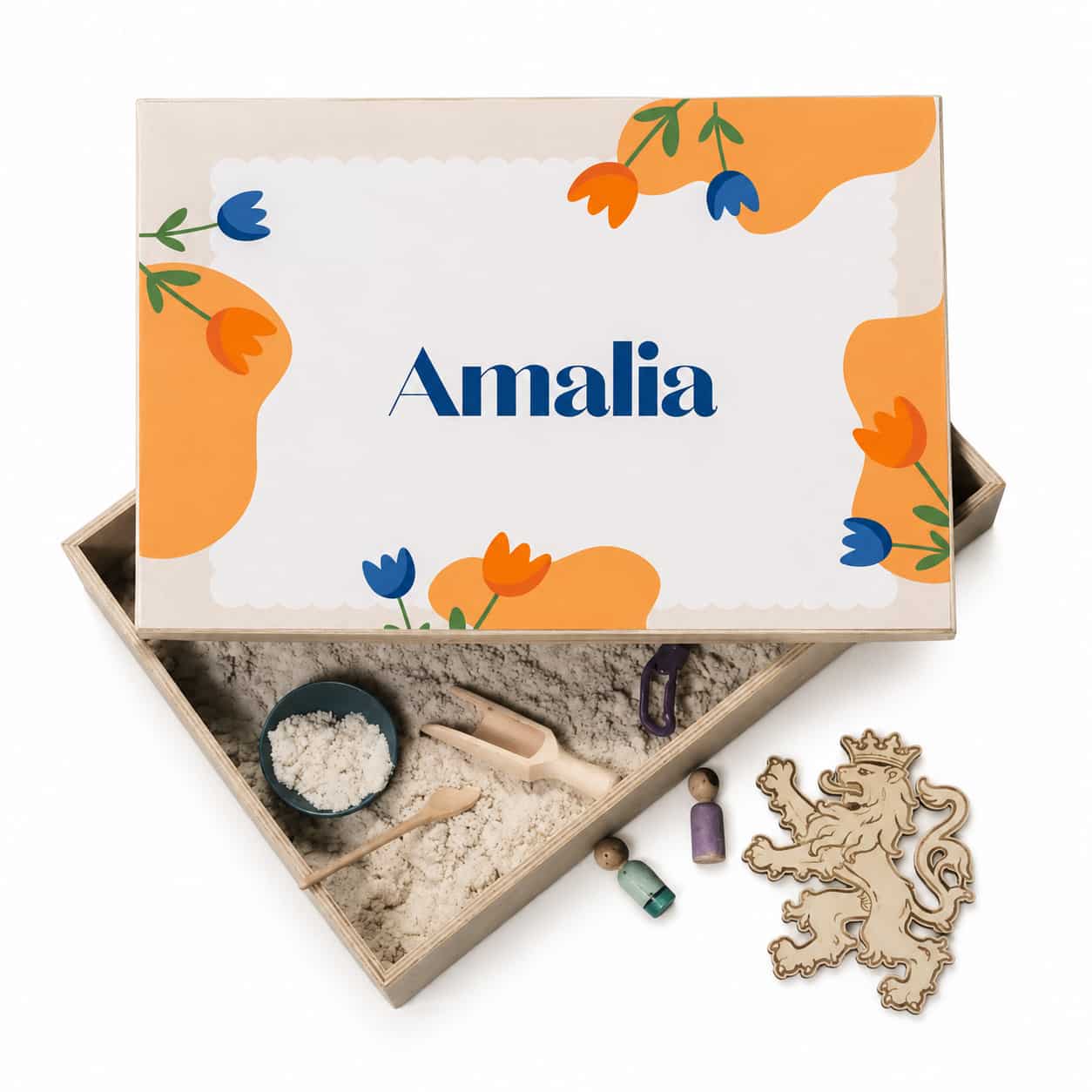 Houten speelbak Holland bloemen met naam – full colour deksel