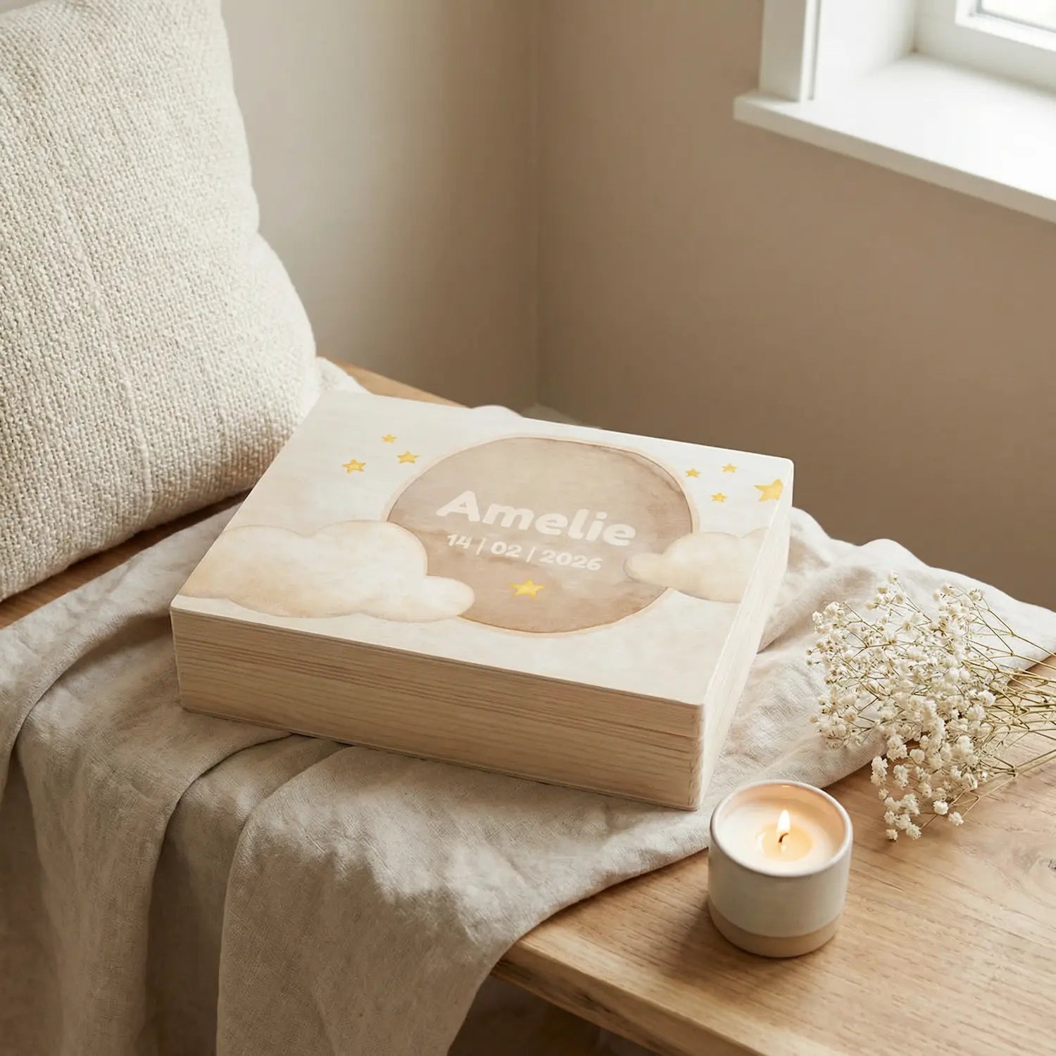 Herinneringsbox met naam – houten bewaardoos voor dierbare herinneringen (Maan en Wolken)