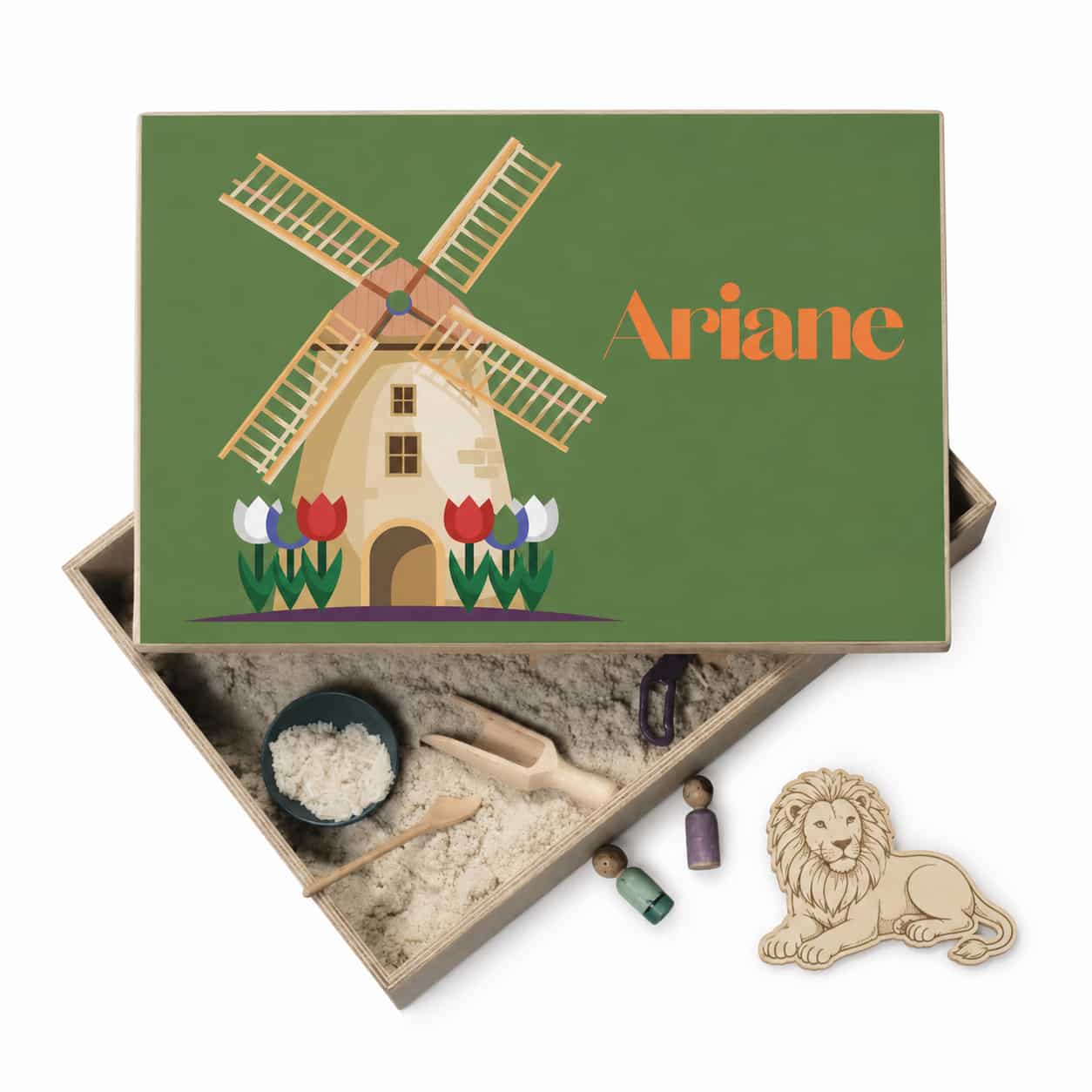 Houten speelbak met naam – Holland molen design