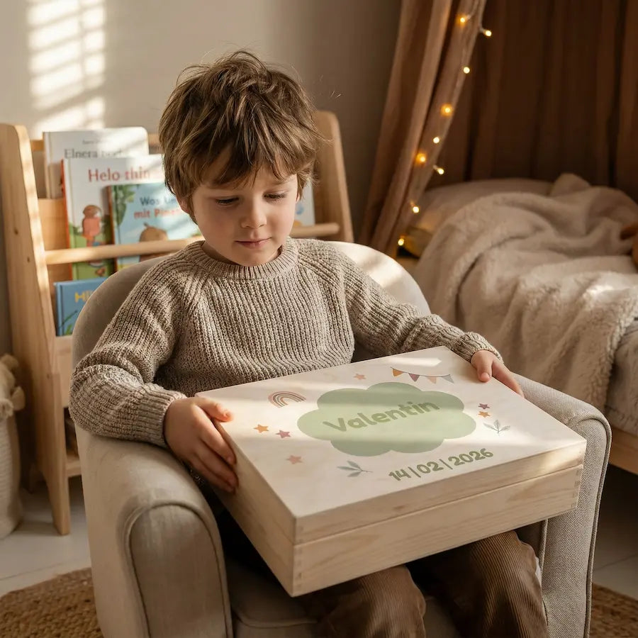 Bewaarbox groot met naam en zachte illustratie (Valentin)