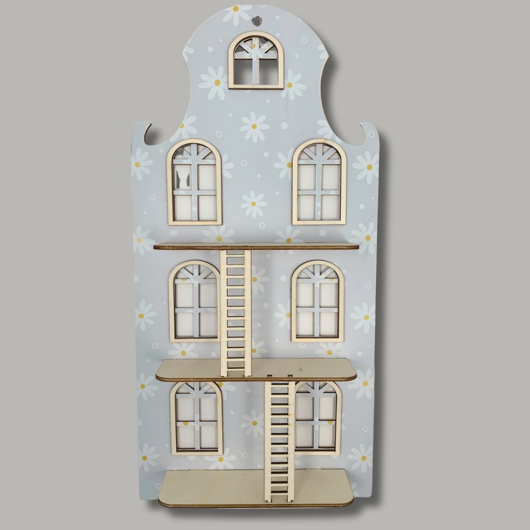 Wandpoppenhuis – Klassiek Grachtenpand (trap met print: Madeliefjes)