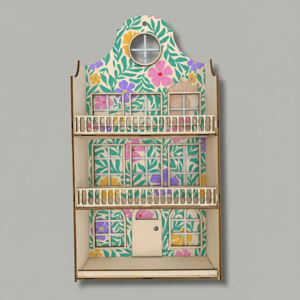 Wand poppenhuis met bloemen en balkon