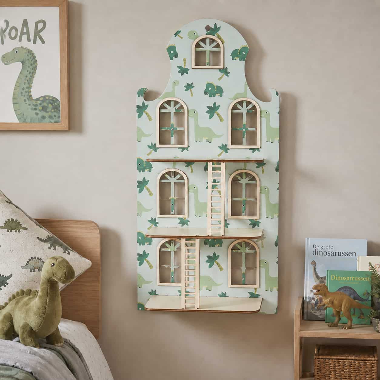 Wand poppenhuis – Klassiek Grachtenpand (trap met print: Dinosaurus)