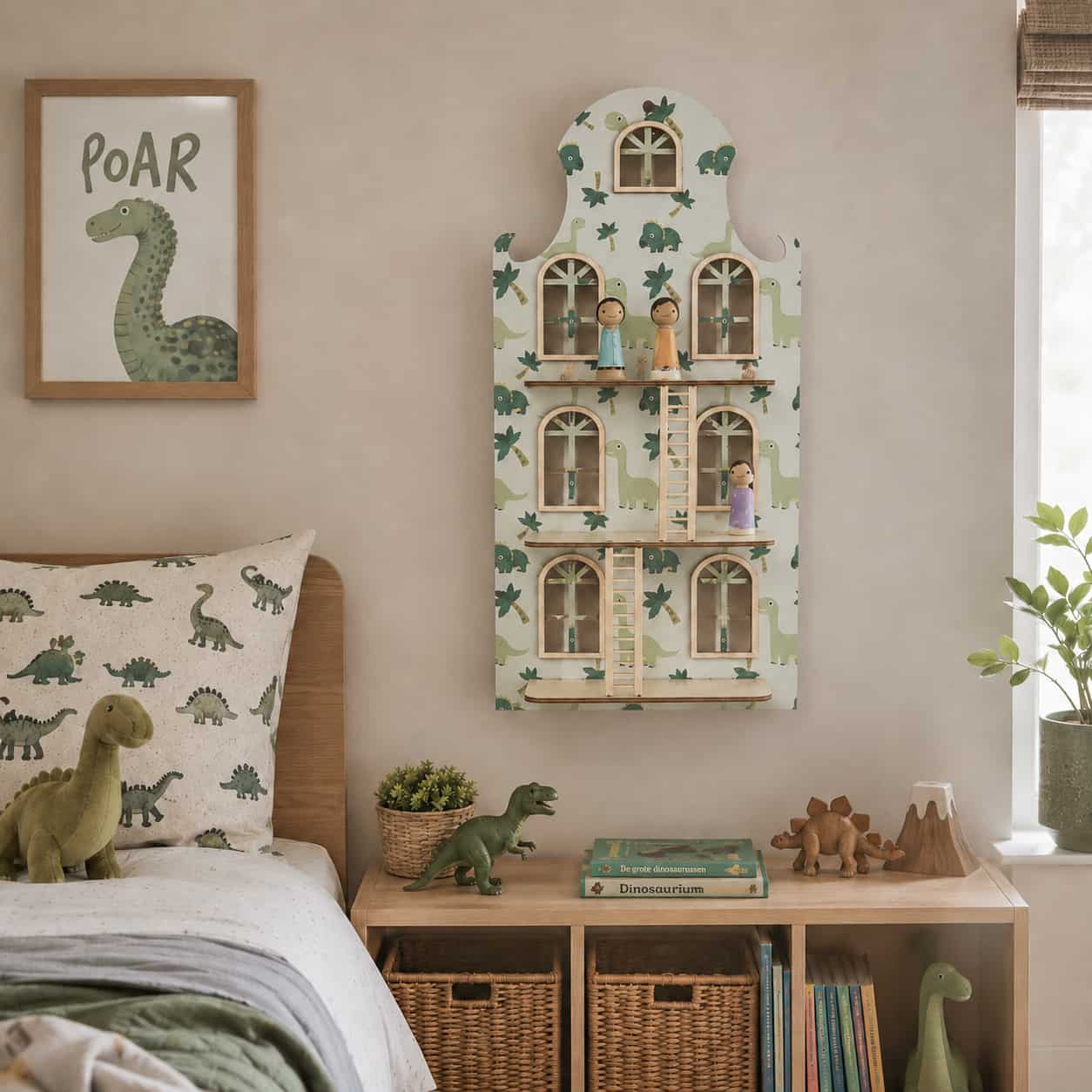 Wand poppenhuis – Klassiek Grachtenpand (trap met print: Dinosaurus)