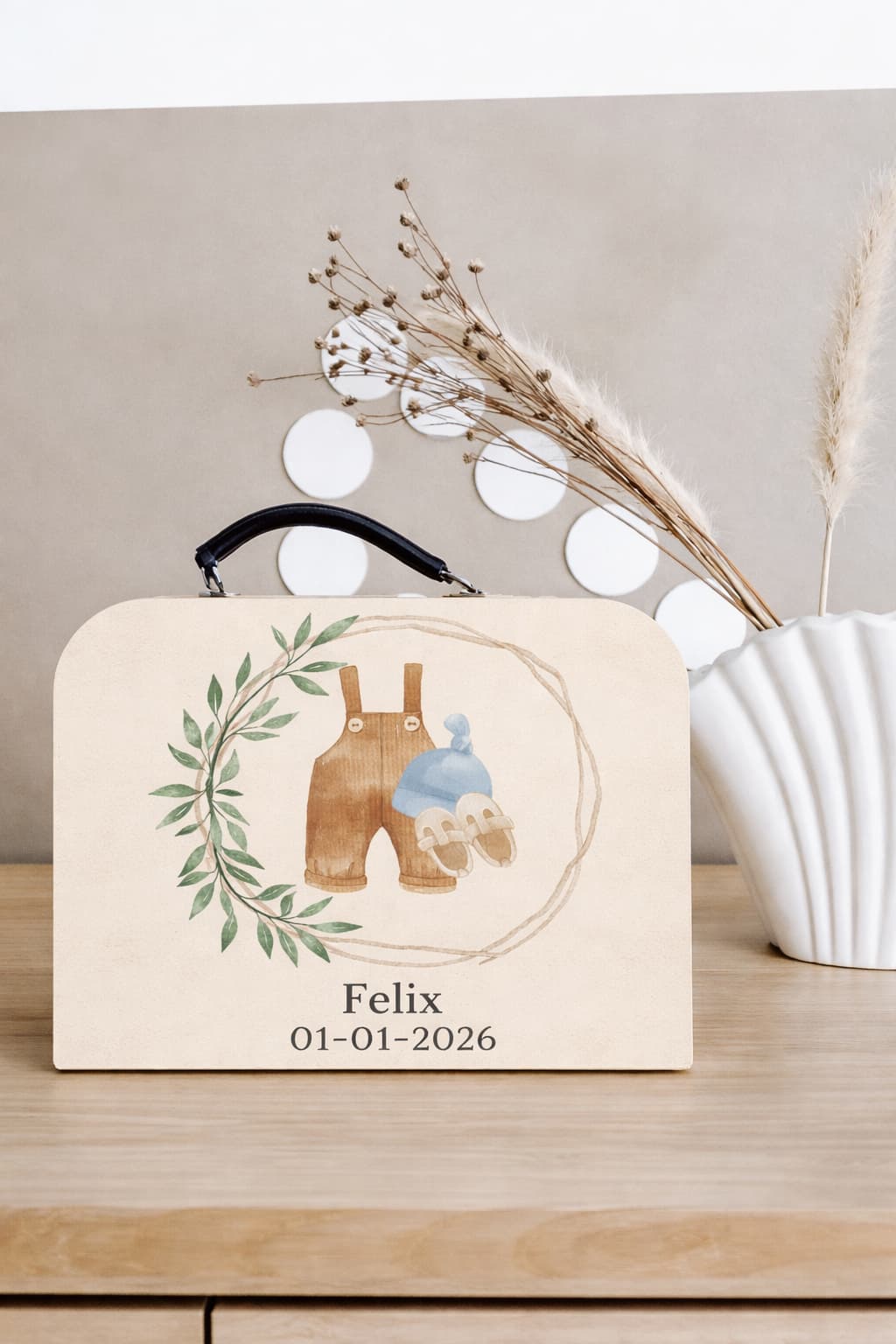 Koffertje geboorte jongen met eigen naam (Felix)