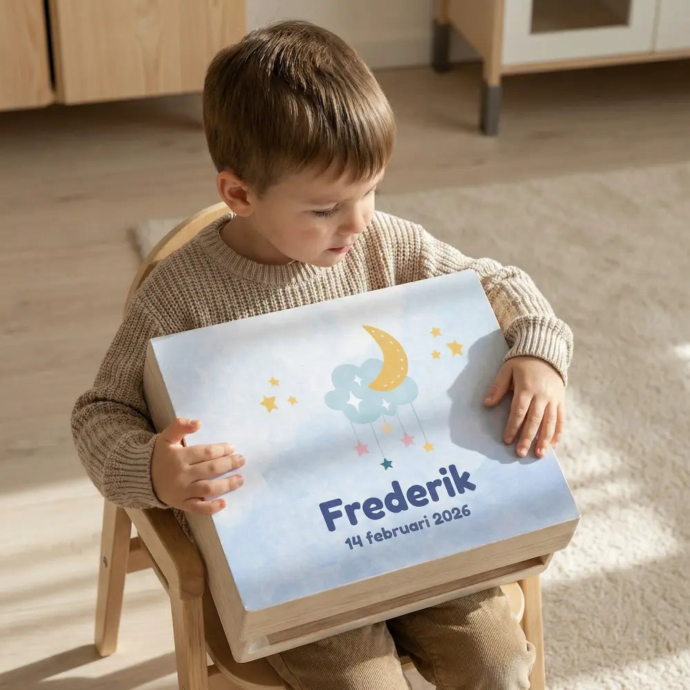 Bewaarbox groot met naam – Maan & sterren design (Frederik)