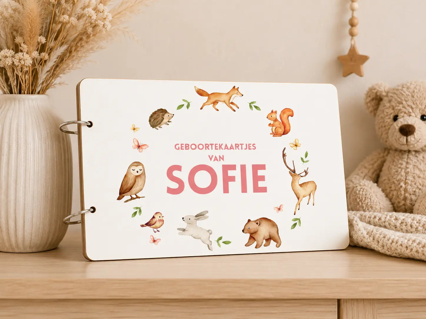 Bewaarbundel geboortekaartjes met naam A5 – bosdieren ontwerp