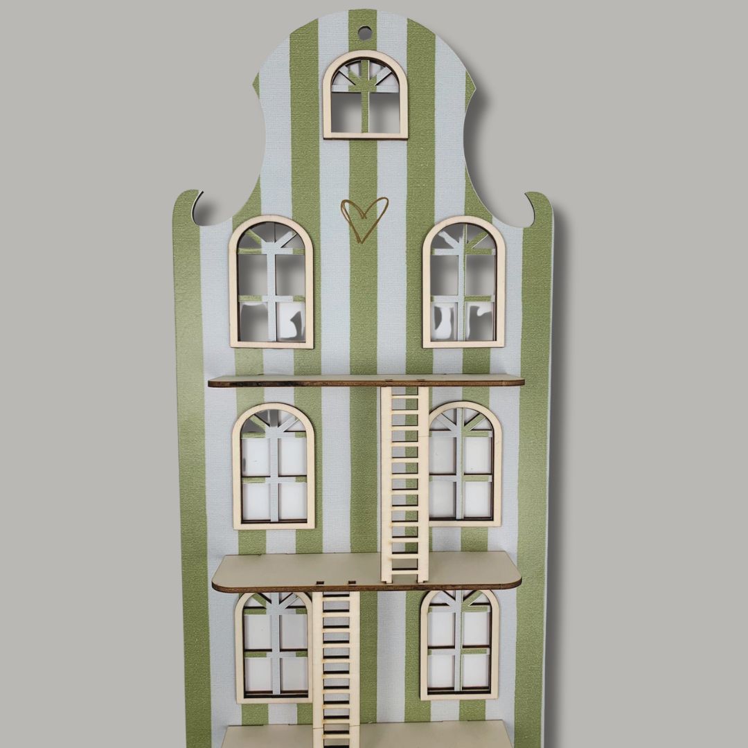 Wandpoppenhuis – Klassiek Grachtenpand (trap met print: strepen groen)