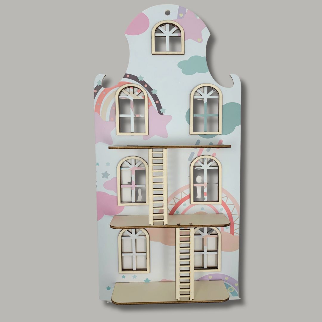Wandpoppenhuis – Klassiek Grachtenpand (trap met print: grote regenboog)