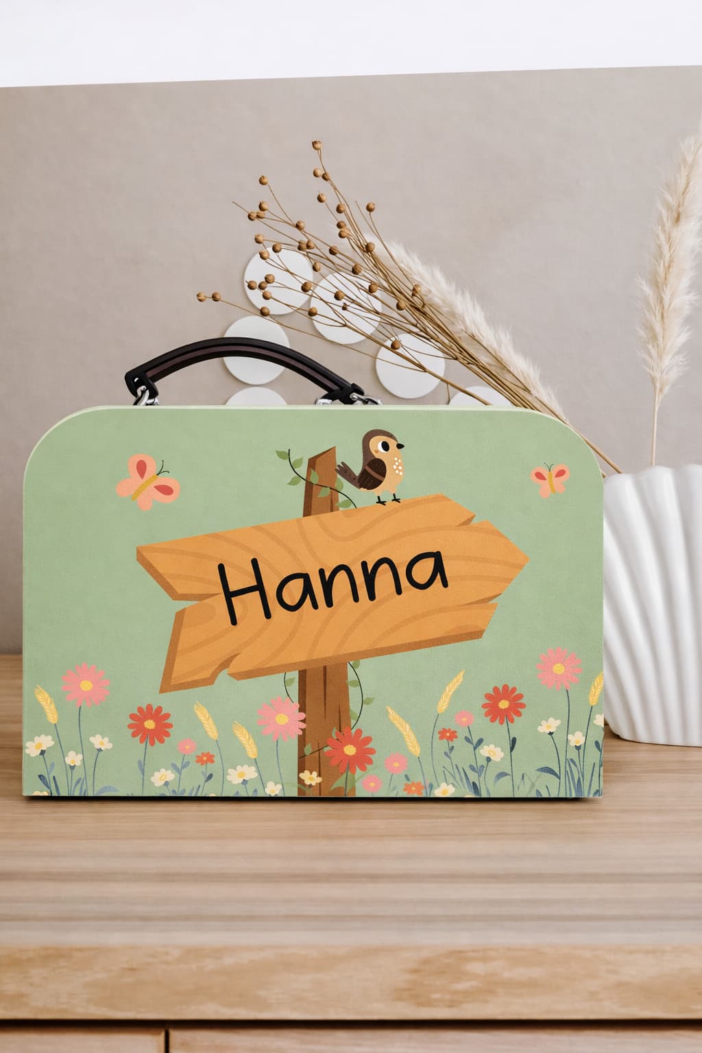 Koffertje vogel met bloemen met eigen naam (Hanna)