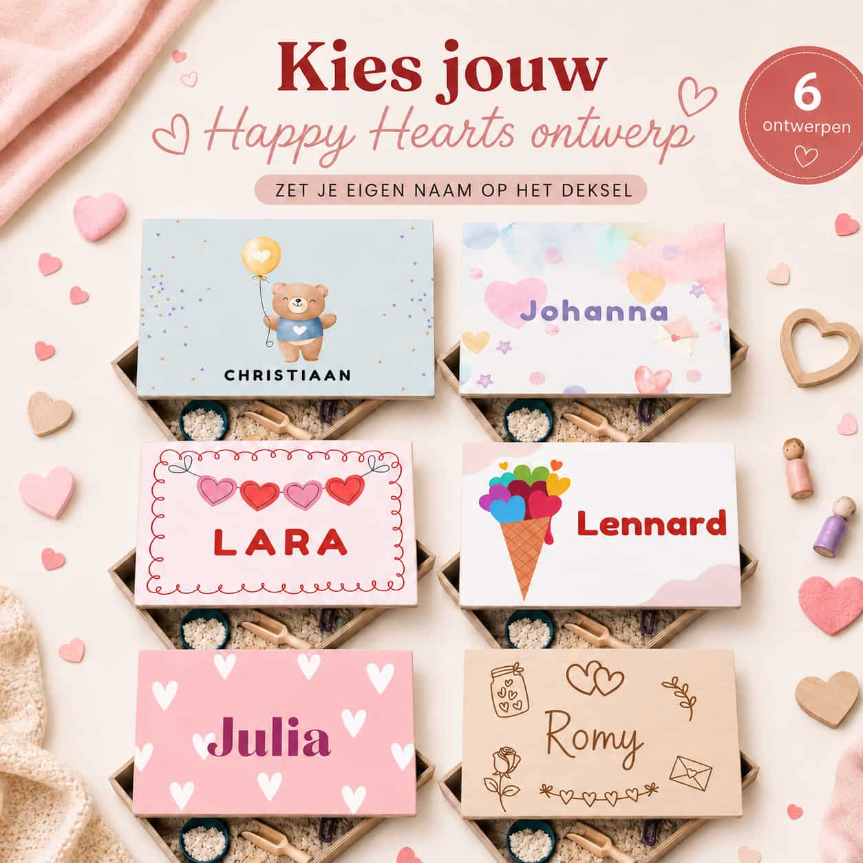 Houten speelbak met deksel  Happy Hearts (verschillende speelbak ontwerpen)