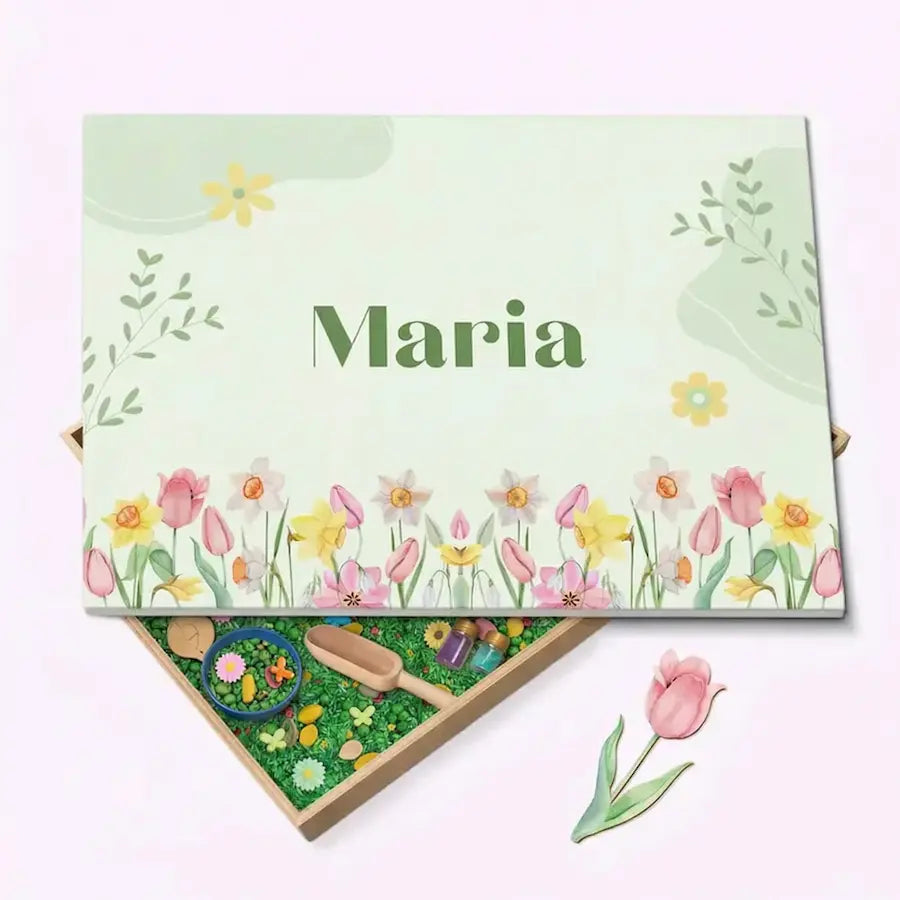 Houten speelbak met deksel Bloemen (Maria)