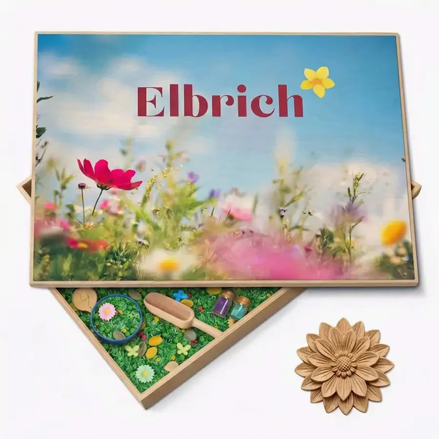 Houten speelbak met deksel Bloemen (Elbrich)