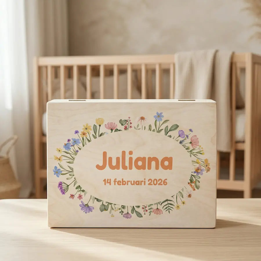 Bewaarbox groot met naam – Bloemenkrans design (Juliana)