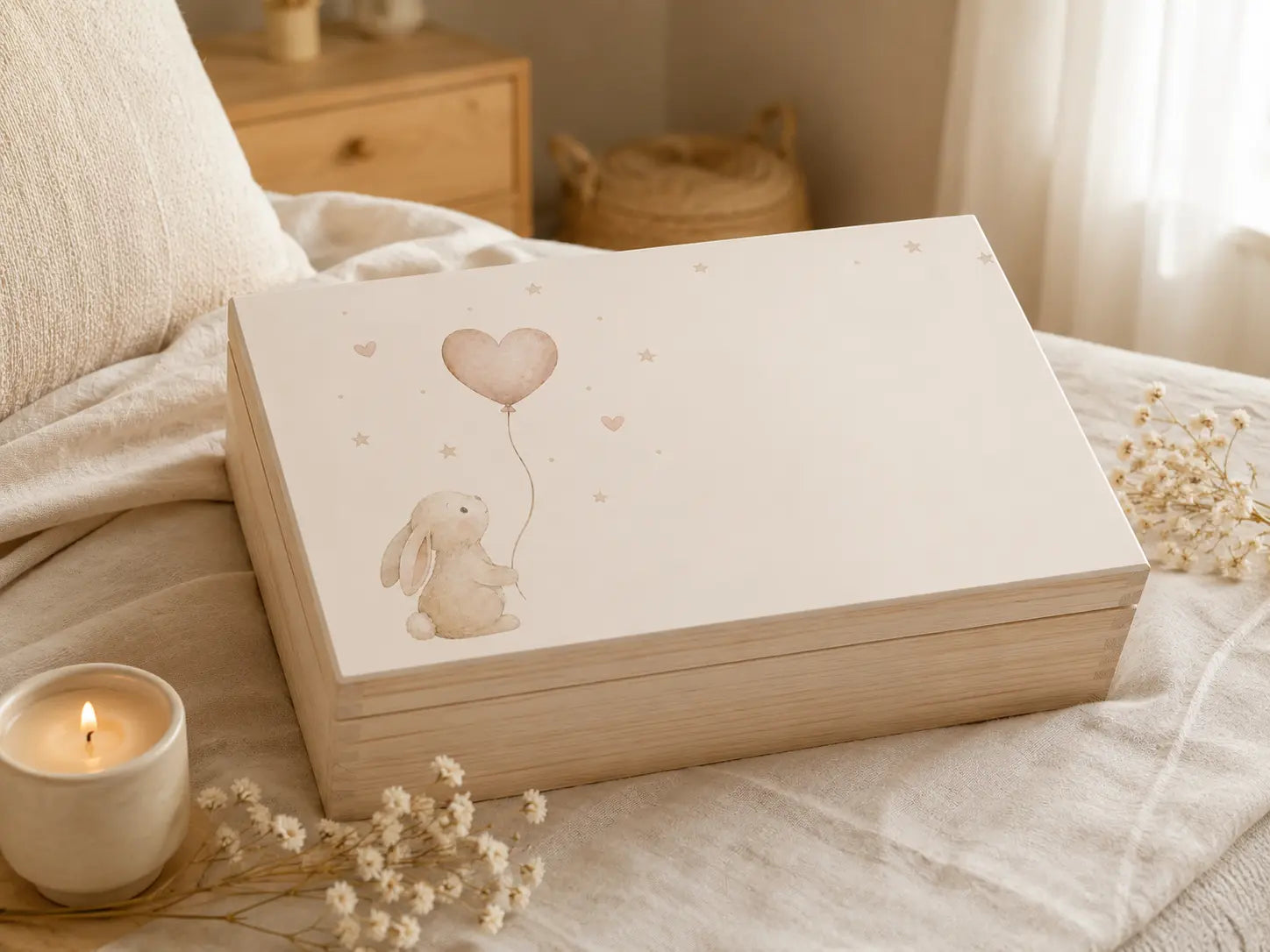 Houten herinneringsbox met naam – konijntje met hartjesballon