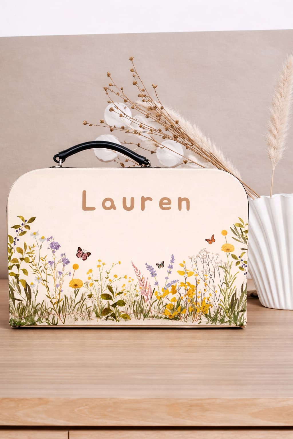 Koffertje met veldbloemen met eigen naam (Lauren)
