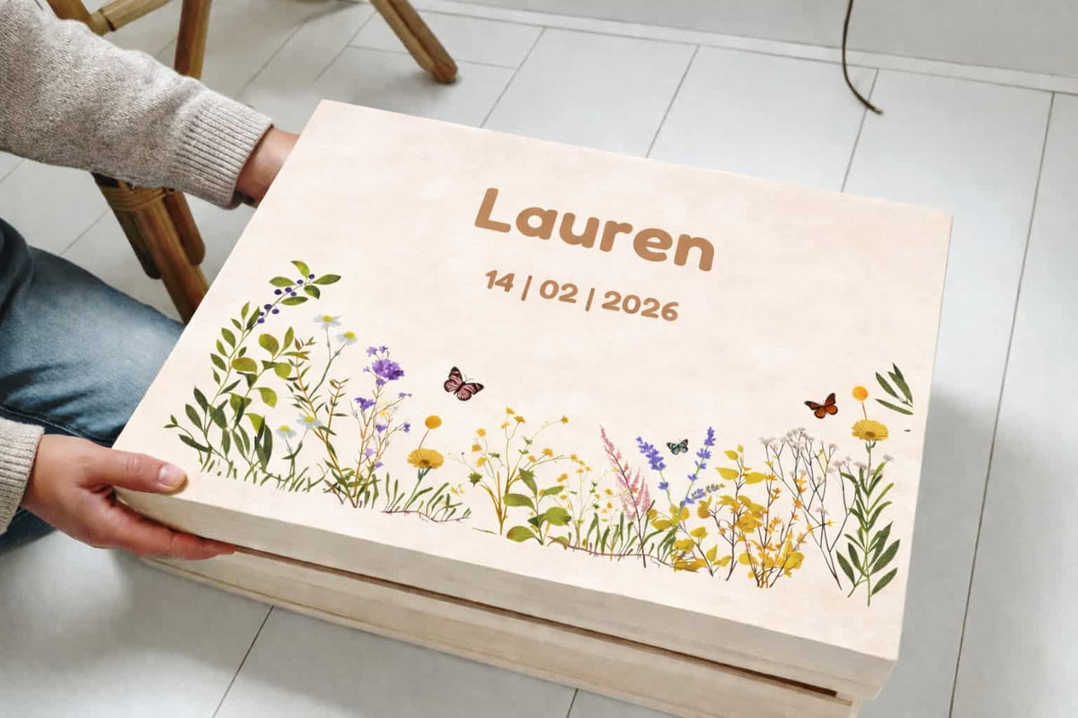 Geboortedatum Bewaarbox Middel met naam en geboortedatum – Lauren (personaliseerbaar)