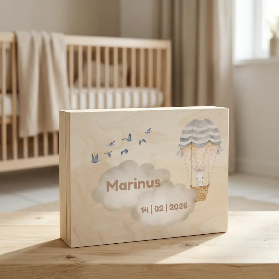 Bewaarbox groot met naam – Luchtballon design (Marinus)