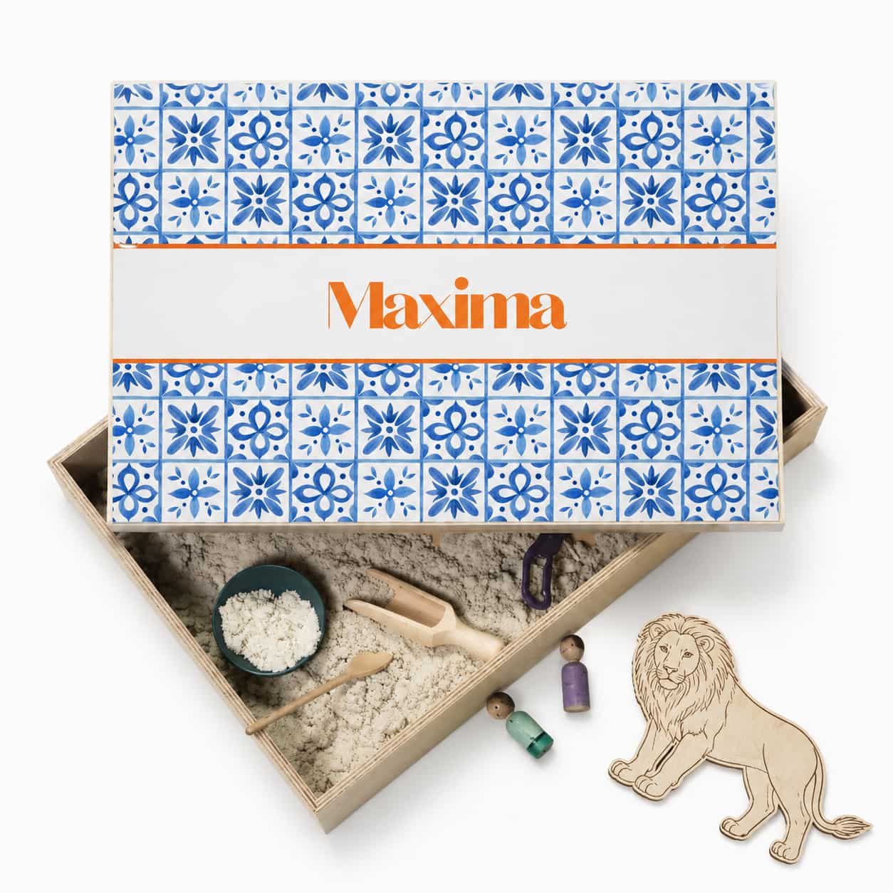 Houten speelbak Delfts blauw met naam – full colour deksel