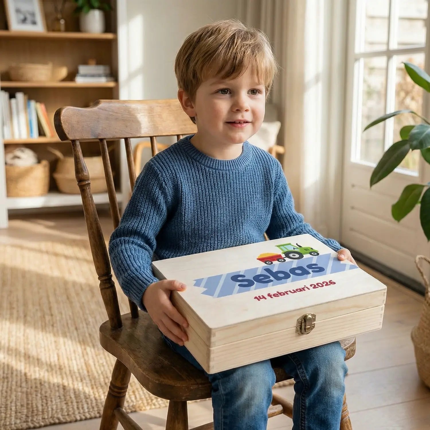 Bewaarbox Groot tractor met naam (Sebas)