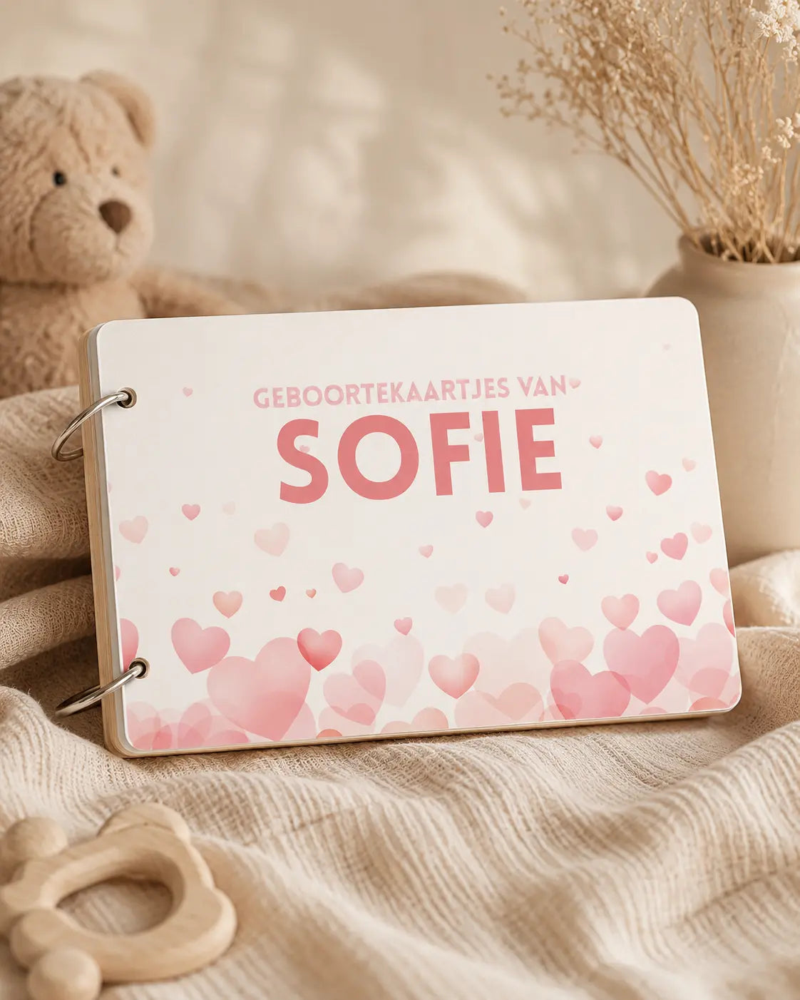 Bewaarbundel geboortekaartjes met naam A5 – roze hartjes ontwerp