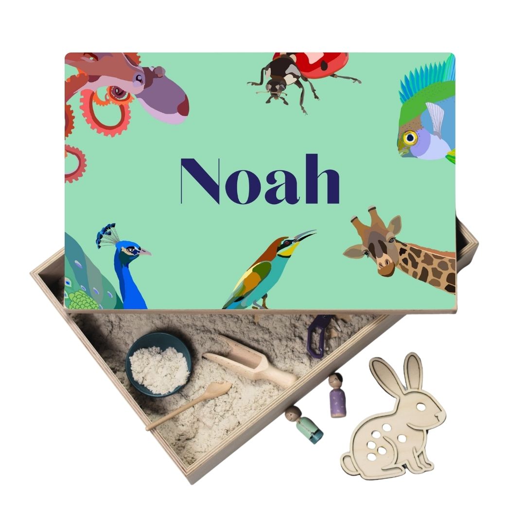Houten speelbak met deksel dieren (Noah)