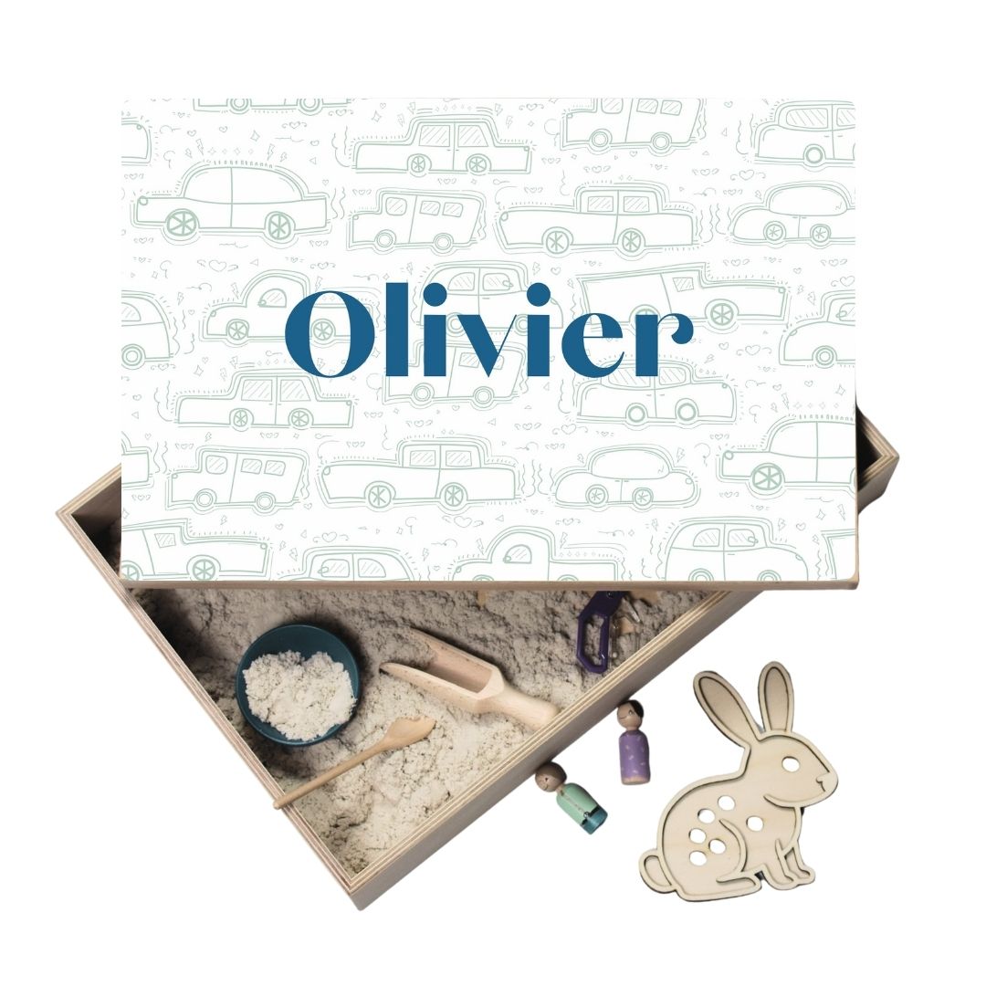 Houten speelbak met deksel auto's (Olivier)