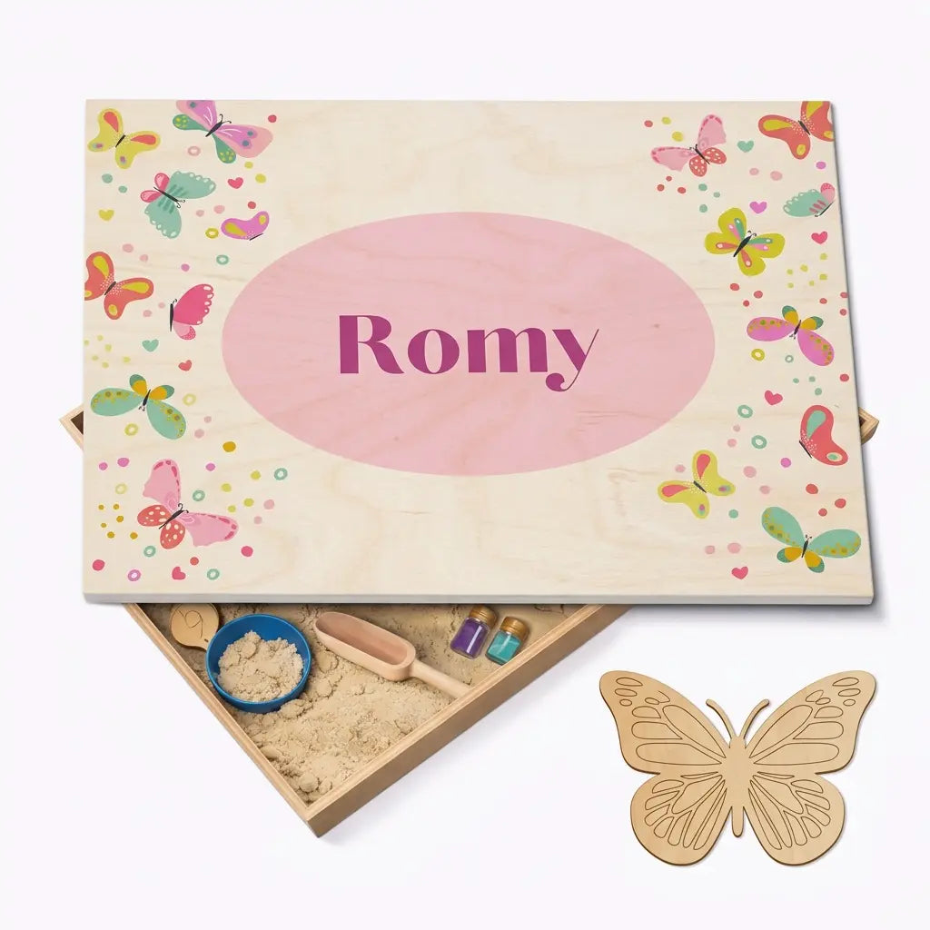 Houten speelbak met deksel Vlinders (Romy)