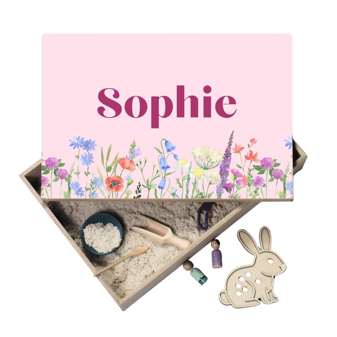 Houten speelbak met deksel bloemen (Sophie)