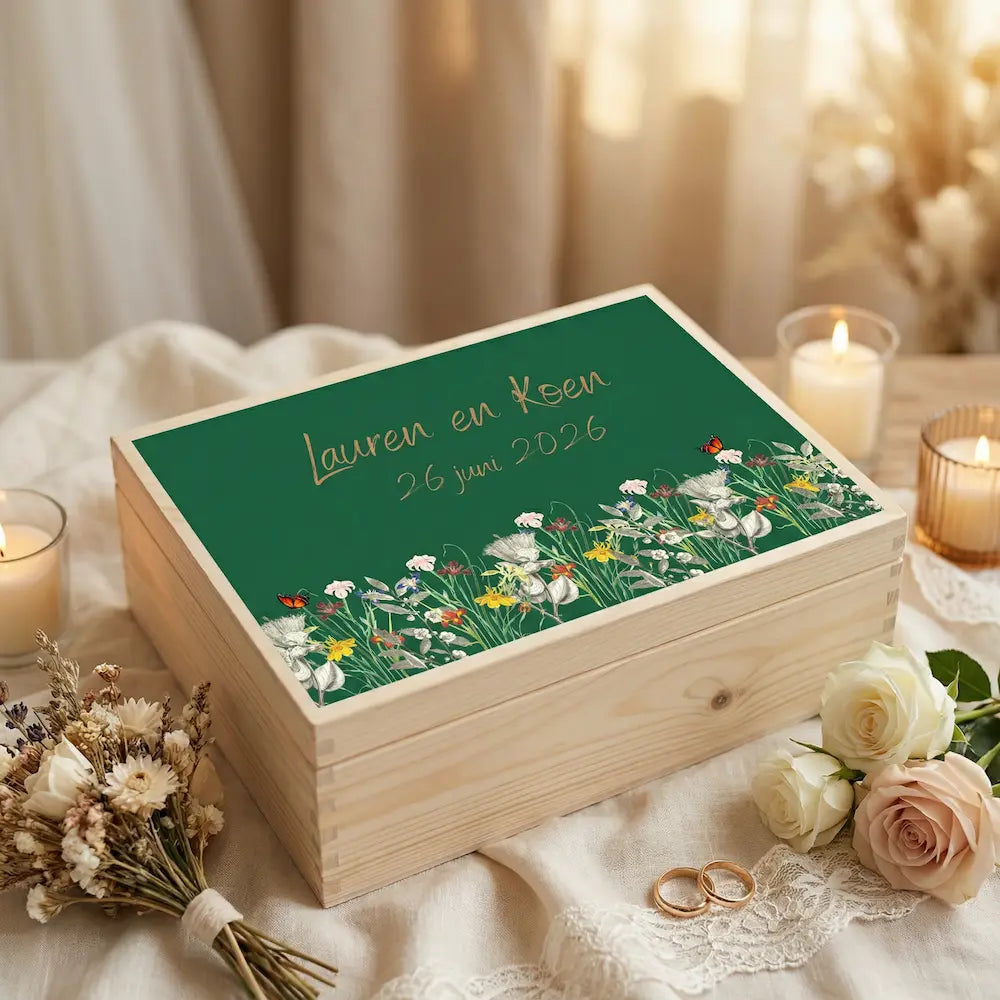 Bewaarbox bruiloft met naam – voor foto’s, kaarten en herinneringen