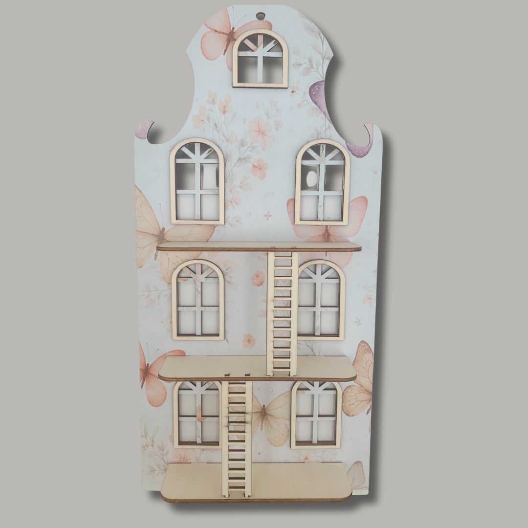 Wandpoppenhuis – Klassiek Grachtenpand (trap met print: Vlinders)