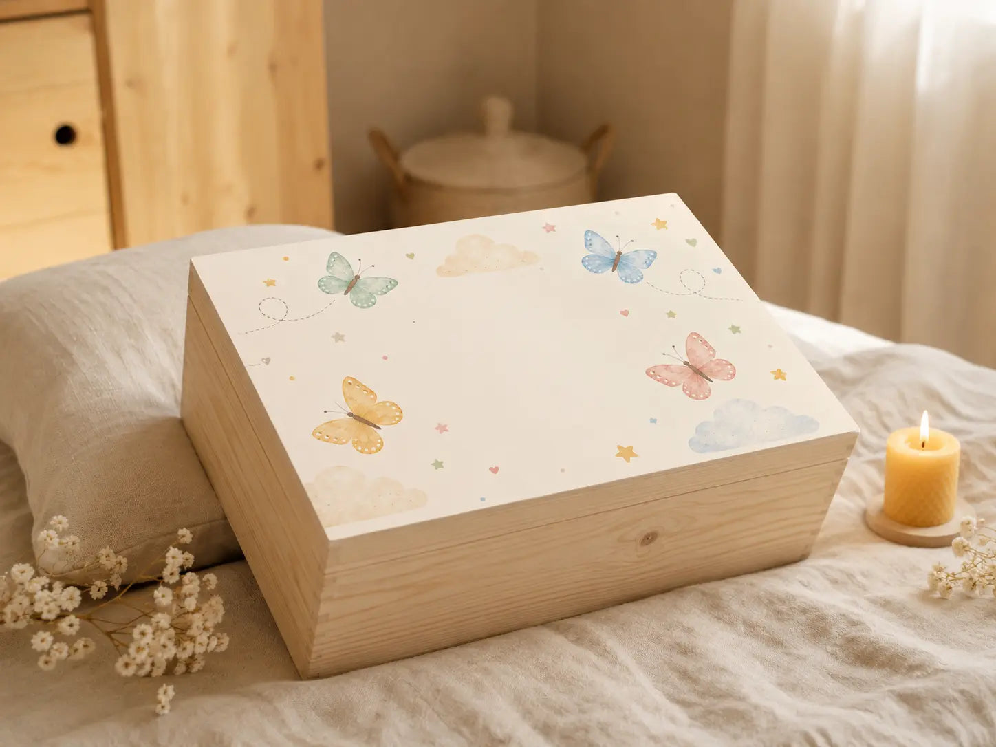 Houten herinneringsbox met naam – vlinders en wolkjes