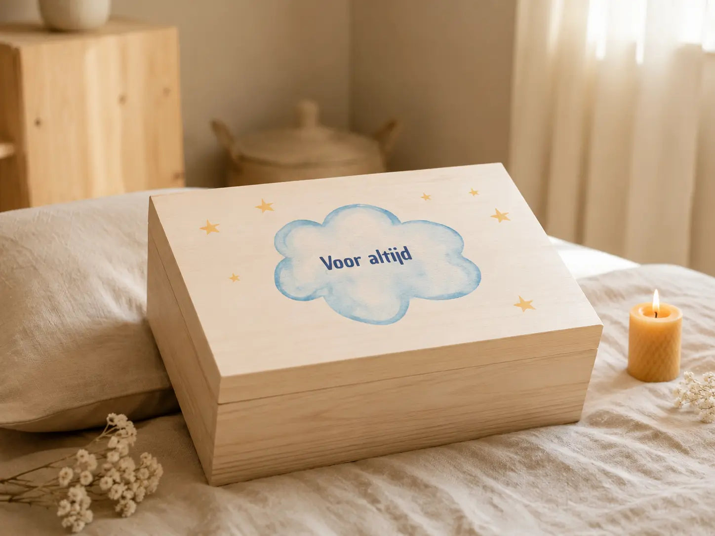 Houten herinneringsbox met naam – Voor altijd wolk