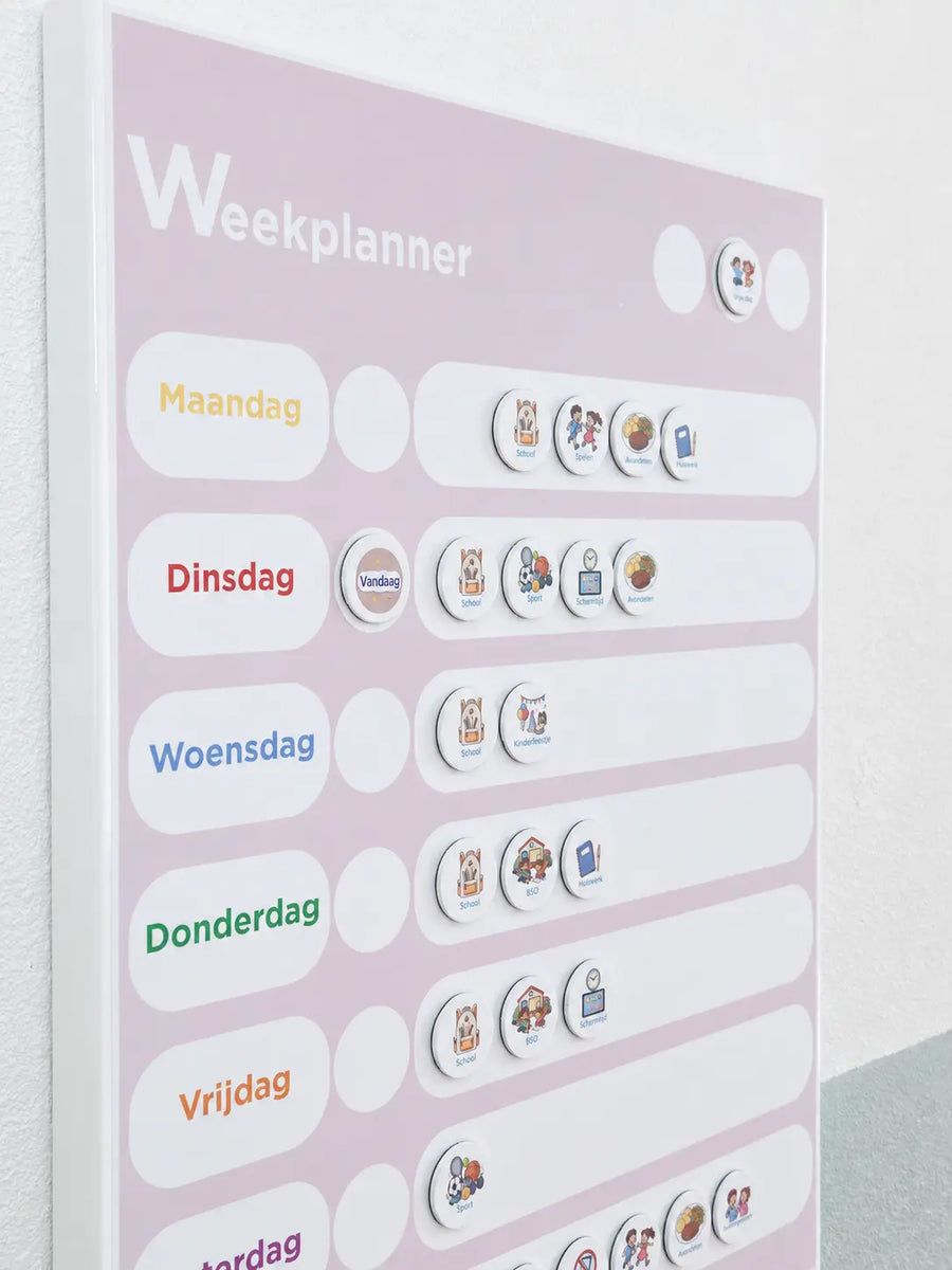 Vandaag-pictogram en ronde plekken voor leerdoelen op de magnetische weekplanner