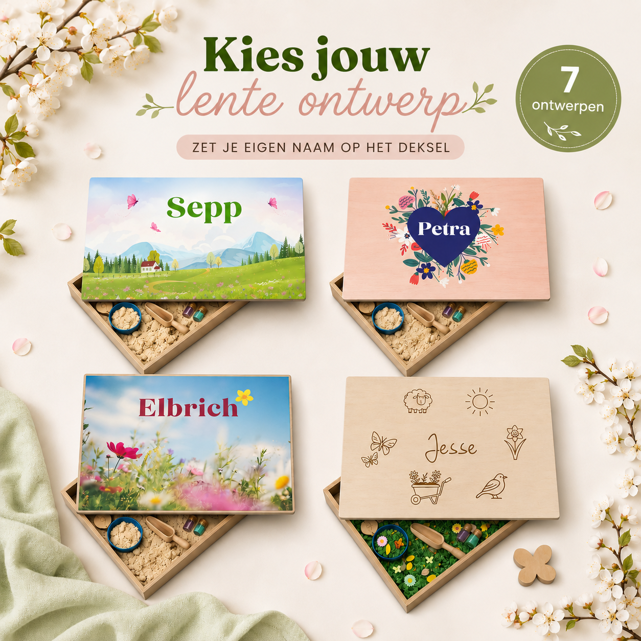 Houten speelbak met deksel Lente (verschillende speelbak ontwerpen)