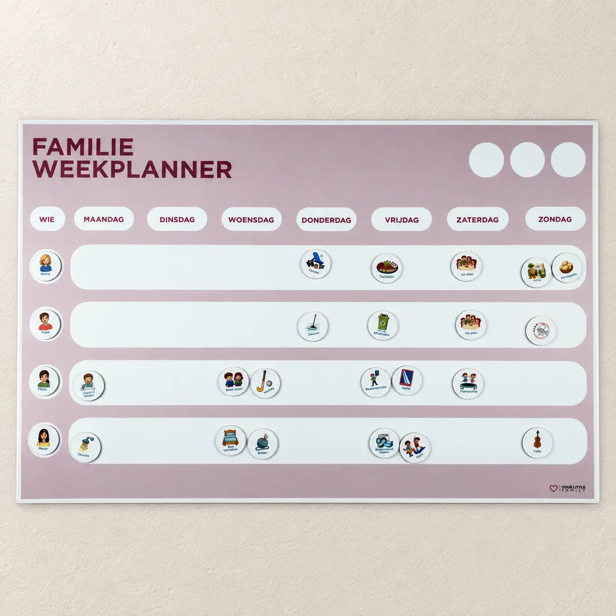 Oudroze magnetische familie weekplanner voor 4 personen met 4 persoonsrijen