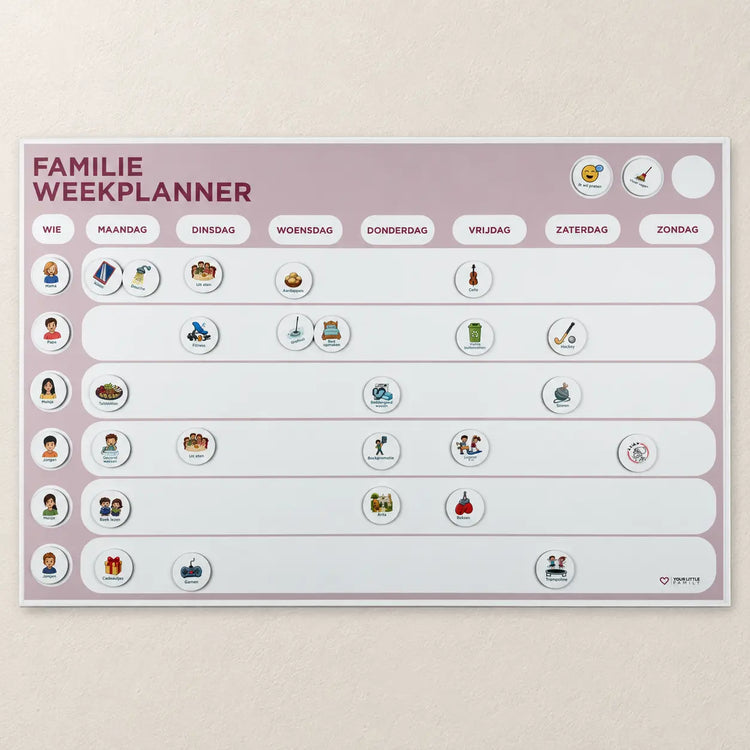 Oudroze magnetische familie weekplanner voor 6 personen met 6 persoonsrijen