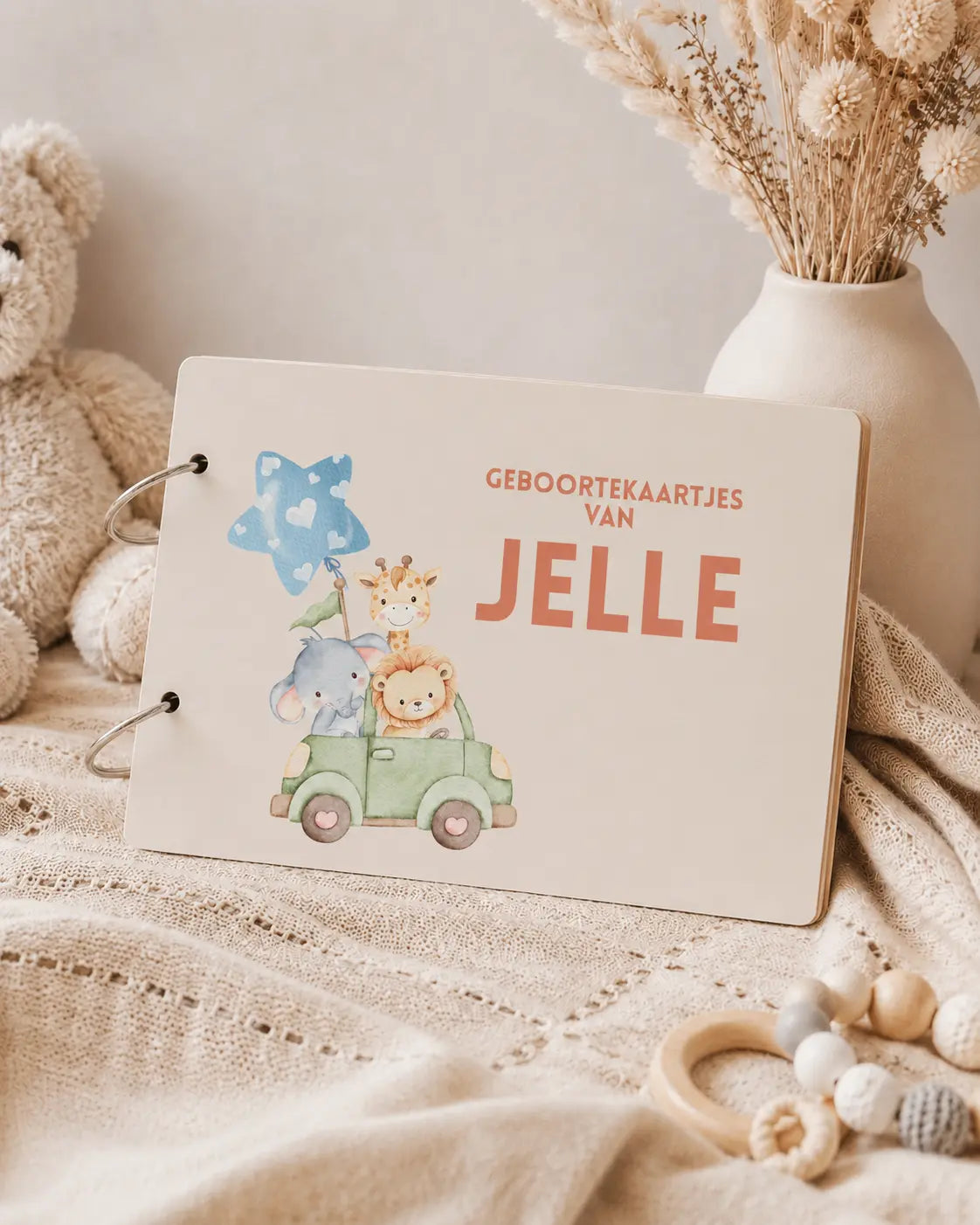 Bewaarbundel geboortekaartjes met naam A5 – safari auto ontwerp