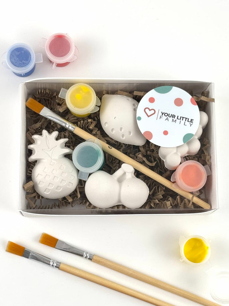 Knutseltraktatie fruit set met gipsfiguren, verf en kwast
